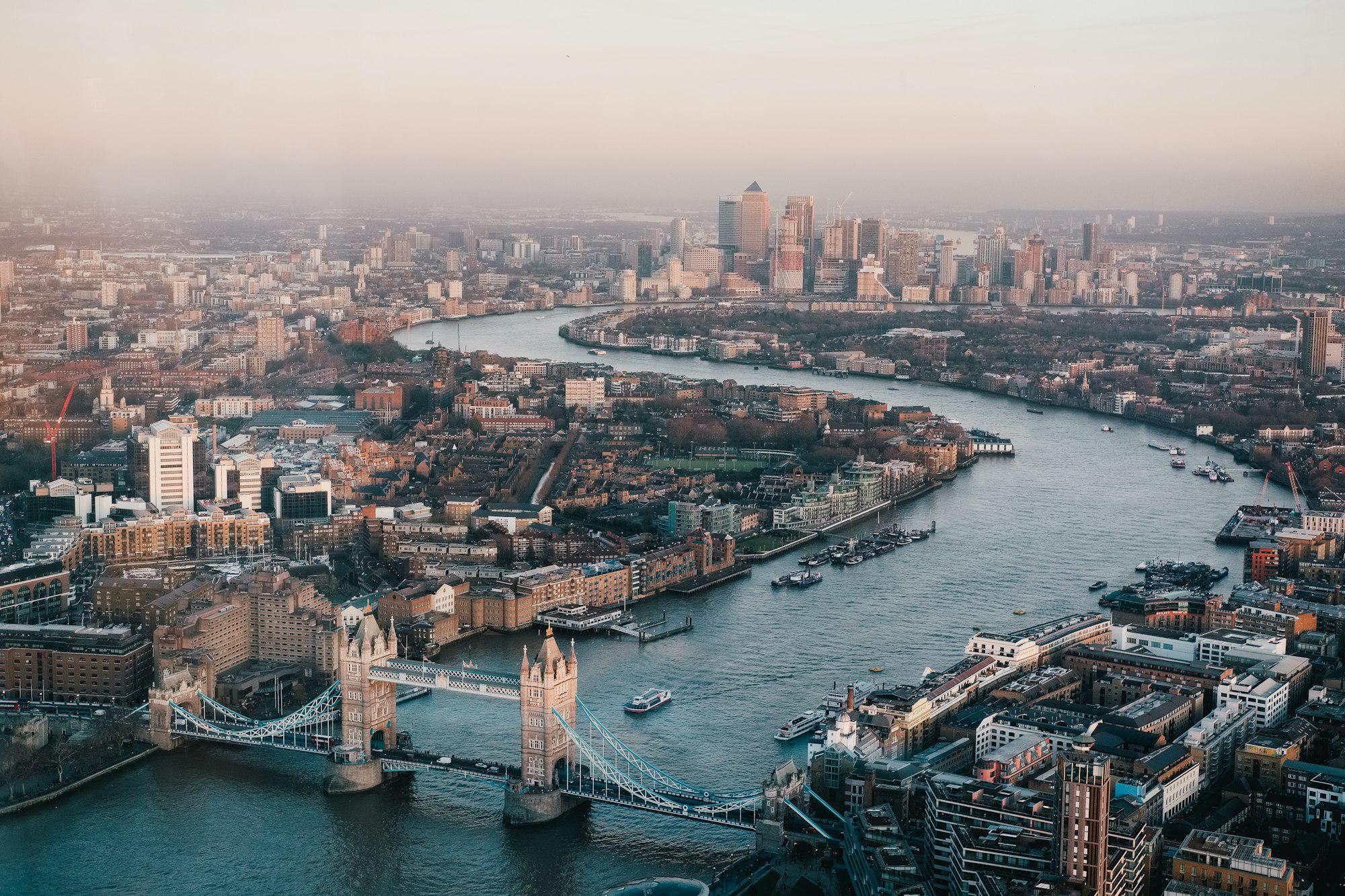 Aerial view of Tower Bridge and the Thames, London