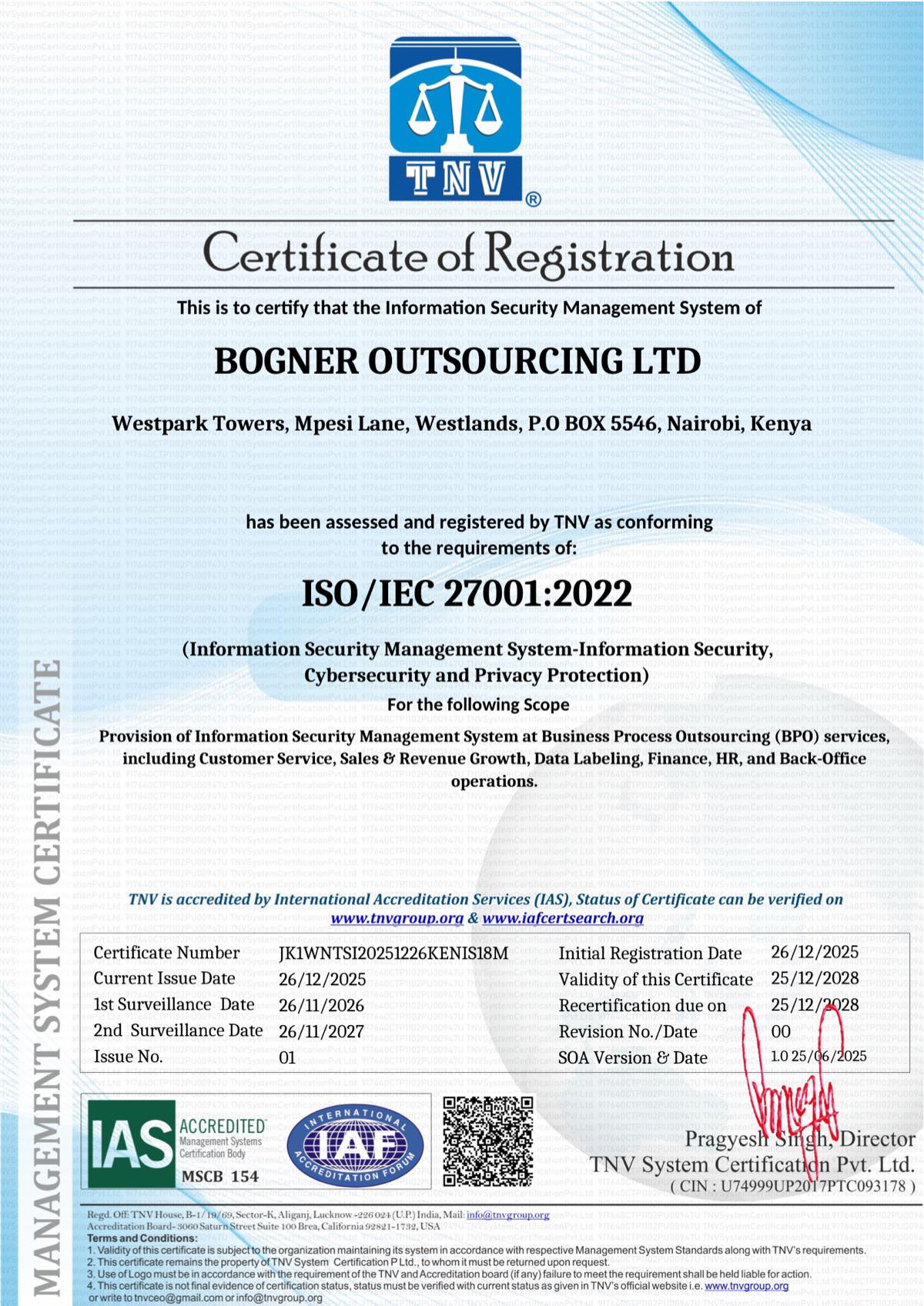 Bogner Outsourcing Ltd ISO/IEC 27001:2022 certificate, issued December 2025 by TNV System Certification, accredited by IAS
